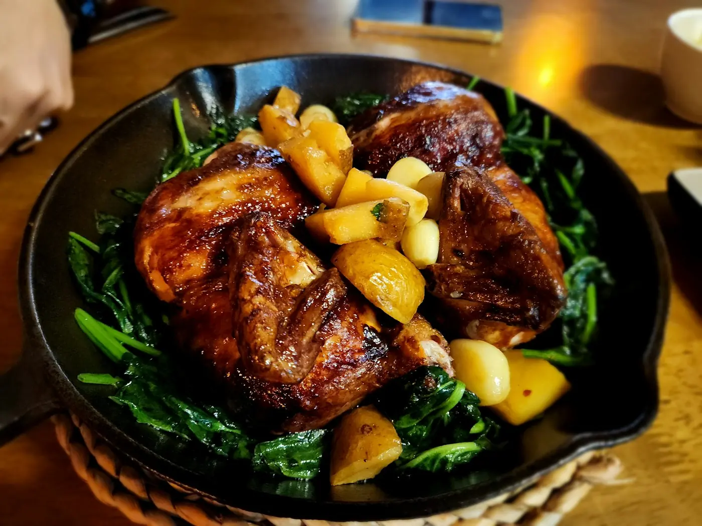 A whole chargha, roasted and plated